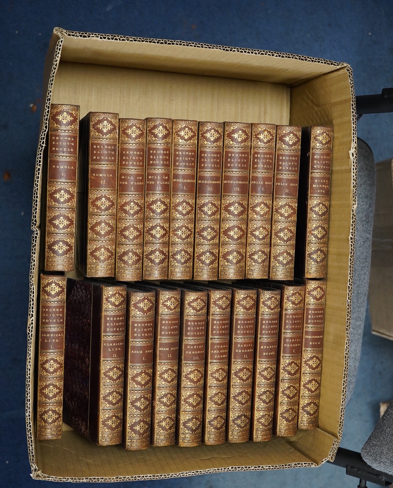 Eliot, George - The Works, Cabinet edition. 20 vols. 8vo, contemporary half red morocco and marbled boards and edges, spines gilt in compartments with raised bands, by H. Sotheran and Co., published by William Blackwood